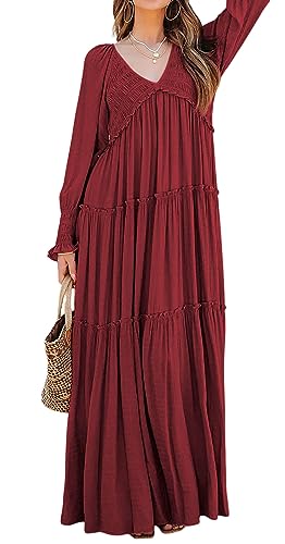 R.Vivimos Damen Boho V Ausschnitt Smock Strand Lang Kleid Langarm Rüschen A Linie Urlaub Maxi Kleid(L,Burgund) von R.Vivimos