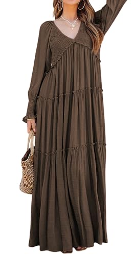 R.Vivimos Damen Boho V Ausschnitt Smock Strand Lang Kleid Langarm Rüschen A Linie Urlaub Maxi Kleid(L,Dunkelbraun) von R.Vivimos