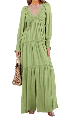 R.Vivimos Damen Boho V Ausschnitt Smock Strand Lang Kleid Langarm Rüschen A Linie Urlaub Maxi Kleid(M,AusschreibungGrün) von R.Vivimos