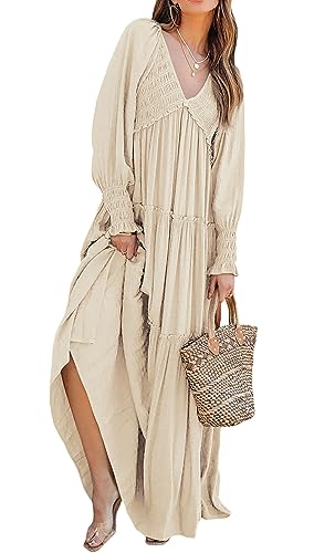 R.Vivimos Damen Boho V Ausschnitt Smock Strand Lang Kleid Langarm Rüschen A Linie Urlaub Maxi Kleid(M,Beige) von R.Vivimos