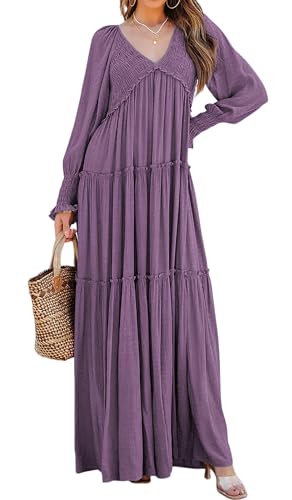 R.Vivimos Damen Boho V Ausschnitt Smock Strand Lang Kleid Langarm Rüschen A Linie Urlaub Maxi Kleid(M,Dunkellila) von R.Vivimos