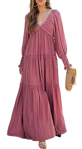 R.Vivimos Damen Boho V Ausschnitt Smock Strand Lang Kleid Langarm Rüschen A Linie Urlaub Maxi Kleid(M,Dunkelrosa) von R.Vivimos