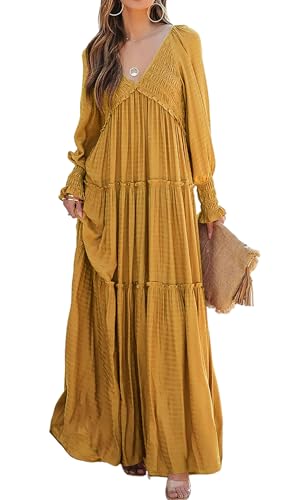 R.Vivimos Damen Boho V Ausschnitt Smock Strand Lang Kleid Langarm Rüschen A Linie Urlaub Maxi Kleid(M,Ingwer) von R.Vivimos