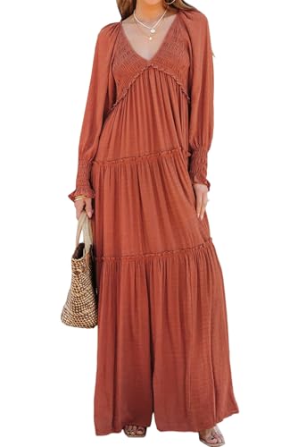 R.Vivimos Damen Boho V Ausschnitt Smock Strand Lang Kleid Langarm Rüschen A Linie Urlaub Maxi Kleid(M,Rostbraun) von R.Vivimos