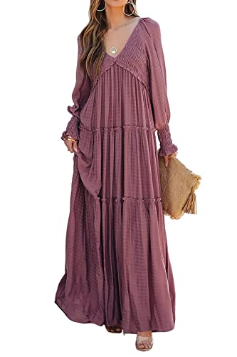 R.Vivimos Damen Boho V Ausschnitt Smock Strand Lang Kleid Langarm Rüschen A Linie Urlaub Maxi Kleid(Medium,Dunkelrose) von R.Vivimos