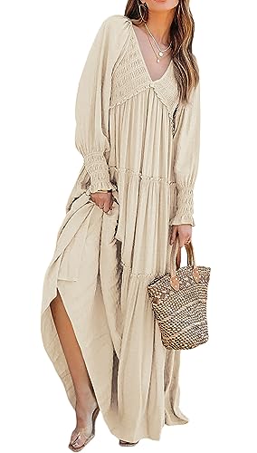 R.Vivimos Damen Boho V Ausschnitt Smock Strand Lang Kleid Langarm Rüschen A Linie Urlaub Maxi Kleid(S,Beige) von R.Vivimos