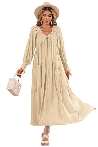 R.Vivimos Damen Boho V Ausschnitt Smock Strand Lang Kleid Langarm Rüschen A Linie Urlaub Maxi Kleid(S,HellKhaki) von R.Vivimos