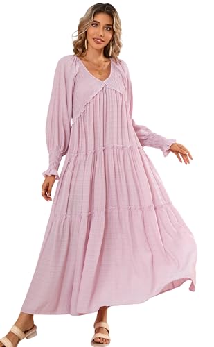 R.Vivimos Damen Boho V Ausschnitt Smock Strand Lang Kleid Langarm Rüschen A Linie Urlaub Maxi Kleid(S,Hellrosa) von R.Vivimos