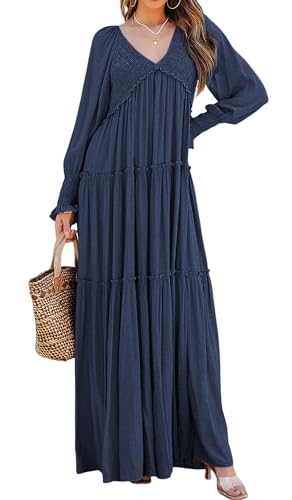 R.Vivimos Damen Boho V Ausschnitt Smock Strand Lang Kleid Langarm Rüschen A Linie Urlaub Maxi Kleid(XL,Dunkelblau) von R.Vivimos