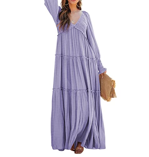 R.Vivimos Damen Boho V Ausschnitt Smock Strand Lang Kleid Langarm Rüschen A Linie Urlaub Maxi Kleid(XL,Lila) von R.Vivimos