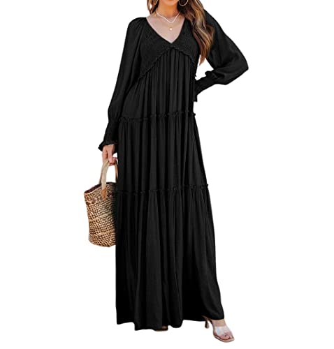 R.Vivimos Damen Boho V Ausschnitt Smock Strand Lang Kleid Langarm Rüschen A Linie Urlaub Maxi Kleid(XL,Schwarz) von R.Vivimos