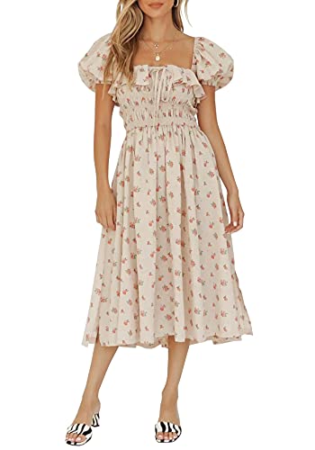 R.Vivimos Damen Casual A-Line Print Vierkant Puff Ärmel Kleid Saum Hohe Taille Midi Fitted Kleid Berufskleid(L,Beige) von R.Vivimos