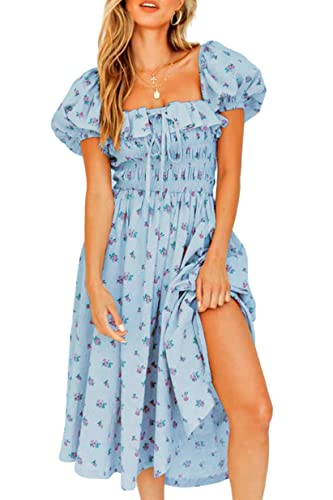 R.Vivimos Damen Casual A-Line Print Vierkant Puff Ärmel Kleid Saum Hohe Taille Midi Fitted Kleid Berufskleid (XL,Blau) von R.Vivimos