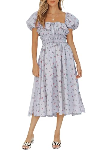 R.Vivimos Damen Casual A-Line Print Vierkant Puff Ärmel Kleid Saum Hohe Taille Midi Fitted Kleid Berufskleid (L,Grau) von R.Vivimos
