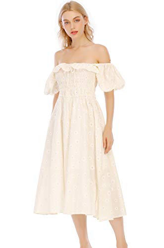 R.Vivimos Damen Casual A-Line Print Vierkant Puff Ärmel Kleid Saum Hohe Taille Midi Fitted Kleid Berufskleid(L,Hellgelb) von R.Vivimos