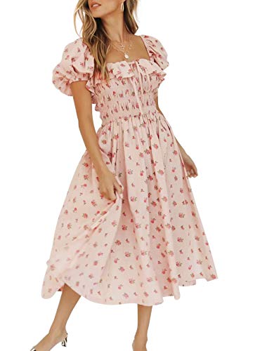 R.Vivimos Damen Casual A-Line Print Vierkant Puff Ärmel Kleid Saum Hohe Taille Midi Fitted Kleid Berufskleid(M,Rosa) von R.Vivimos