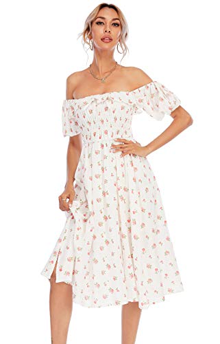 R.Vivimos Damen Casual A-Line Print Vierkant Puff Ärmel Kleid Saum Hohe Taille Midi Fitted Kleid Berufskleid(M,Weiß) von R.Vivimos
