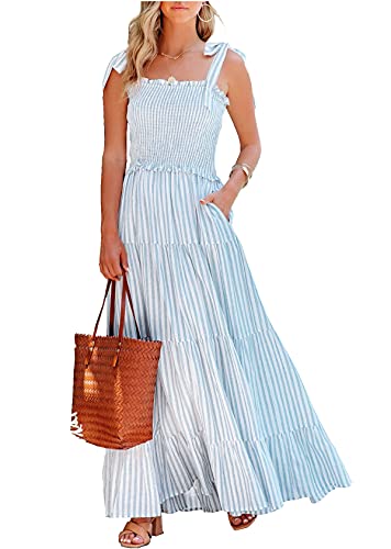 R.Vivimos Damen Casual Boho Ärmellos Rückenfreie Träger Hohe Taille Plissee Gestreift A-Linie Midikleid(Large,Blauer Streifen) von R.Vivimos