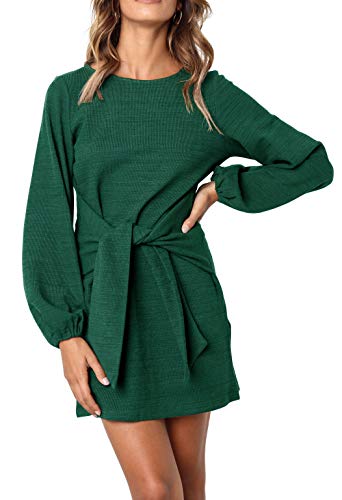 R.Vivimos Damen Herbst Winter Langarm Pullover Kurzes Kleid Baumwolle Gestrickte Krawatte Taille Bleistift Mini Kleid mit Gürtel(XLarge,Grün) von R.Vivimos