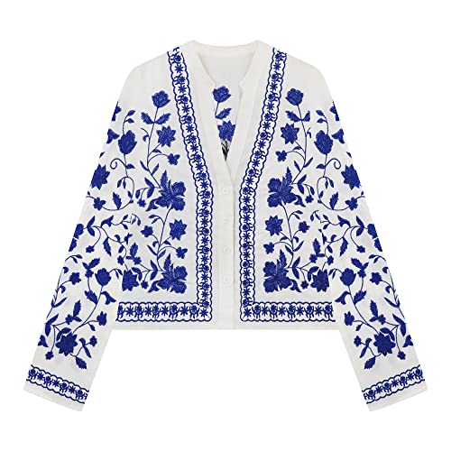 R.Vivimos Damen Casual Langarm V-Ausschnitt Knopf Blumenstickerei Slim Light Short Jacke(Medium,Weiß) von R.Vivimos