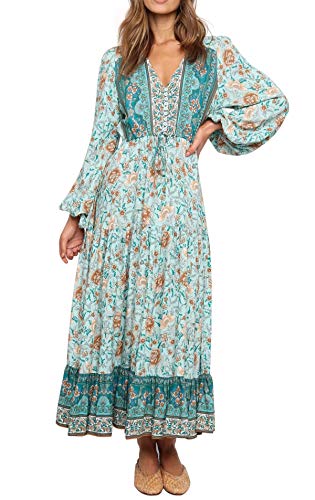 R.Vivimos Damen Boho Langarm V-Ausschnitt Blumen Maxikleid Button Up Loose Vintage Langes Kleid(M,Grün) von R.Vivimos