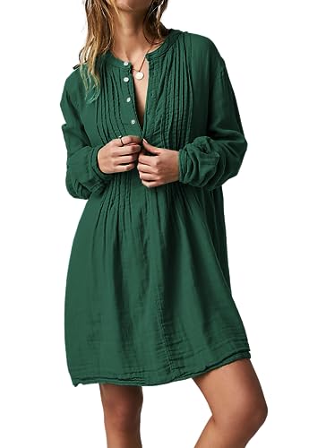R.Vivimos Damen Casual Solid Langarm Button Up Lose Blusen Pullover Tunika Tops Kleid(L,Smaragdgrün) von R.Vivimos