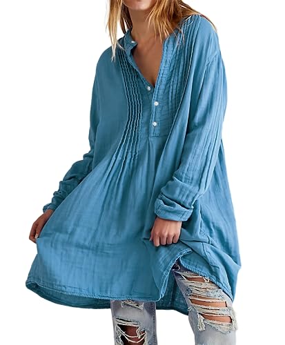 R.Vivimos Damen Casual Solid Langarm Button Up Lose Blusen Pullover Tunika Tops Kleid(M,Blau) von R.Vivimos