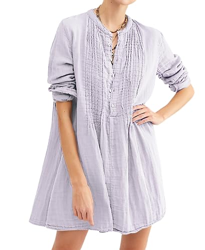 R.Vivimos Damen Casual Solid Langarm Button Up Lose Blusen Pullover Tunika Tops Kleid(M,Lavendel) von R.Vivimos