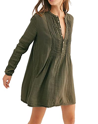 R.Vivimos Damen Casual Solid Langarm Button Up Lose Blusen Pullover Tunika Tops Kleid (Armeegrün, XLarge) von R.Vivimos
