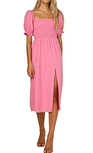 R.Vivimos Damen Casual Square Neck Rüschen Puff Kurzarm Plaid Empire Taille Schlitz Midikleid(Large,Rosa) von R.Vivimos