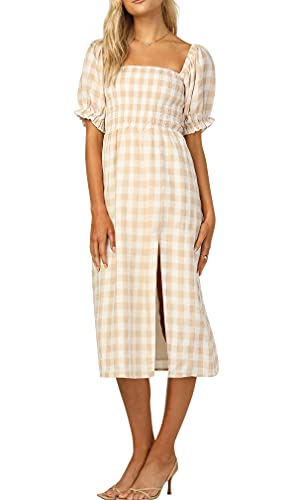 R.Vivimos Damen Casual Square Neck Rüschen Puff Kurzarm Plaid Empire Taille Schlitz Midikleid(Medium,Gelb-Plaid) von R.Vivimos