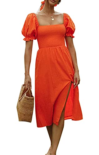 R.Vivimos Damen Casual Square Neck Rüschen Puff Kurzarm Plaid Empire Taille Schlitz Midikleid(Medium,Orange) von R.Vivimos