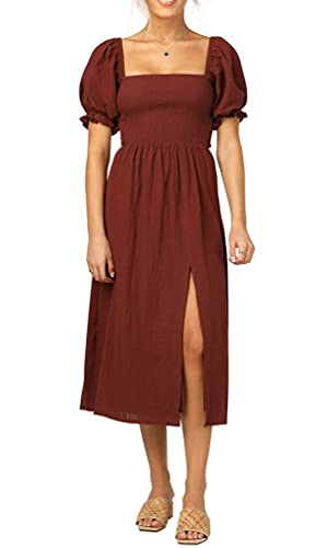 R.Vivimos Damen Casual Square Neck Rüschen Puff Kurzarm Plaid Empire Taille Schlitz Midikleid(Small,RostRot) von R.Vivimos