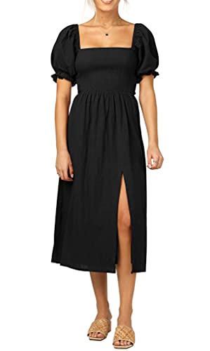 R.Vivimos Damen Casual Square Neck Rüschen Puff Kurzarm Plaid Empire Taille Schlitz Midikleid(XLarge,Schwarz) von R.Vivimos