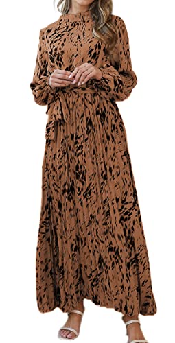 R.Vivimos Damen Herbst Winter Casual Ink Gedruckt Langarm Mock Neck Krawatte Taille Plissee Flowy Maxi Kleid(Medium,Braun) von R.Vivimos