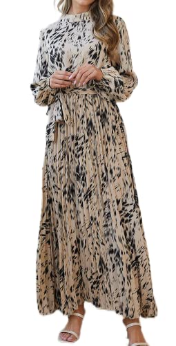 R.Vivimos Damen Herbst Winter Casual Ink Gedruckt Langarm Mock Neck Krawatte Taille Plissee Flowy Maxi Kleid(XLarge,Khaki) von R.Vivimos