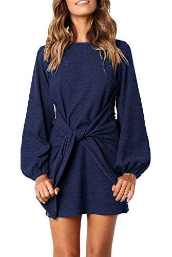 R.Vivimos Damen Herbst Winter Langarm Pullover Kurzes Kleid Baumwolle Gestrickte Krawatte Taille Bleistift Mini Kleid Mit Gürtel(L,Navyblau) von R.Vivimos