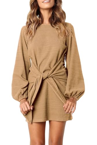 R.Vivimos Damen Herbst Winter Langarm Pullover Kurzes Kleid Baumwolle Gestrickte Krawatte Taille Bleistift Mini Kleid Mit Gürtel(S,Khaki) von R.Vivimos
