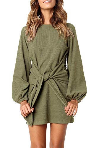 R.Vivimos Damen Herbst Winter Langarm Pullover Kurzes Kleid Baumwolle Gestrickte Krawatte Taille Bleistift Mini Kleid mit Gürtel(Medium,ArmyGreen) von R.Vivimos