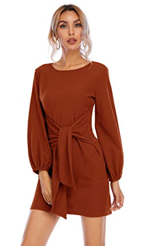 R.Vivimos Damen Herbst Winter Langarm Pullover Kurzes Kleid Baumwolle Gestrickte Krawatte Taille Bleistift Mini Kleid mit Gürtel(XLarge,Brandorange) von R.Vivimos