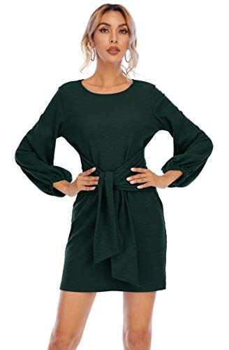 R.Vivimos Damen Herbst Winter Langarm Pullover Kurzes Kleid Baumwolle Gestrickte Krawatte Taille Bleistift Mini Kleid Mit Gürtel(XL,Dunkelgrün) von R.Vivimos