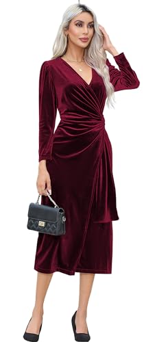 R.Vivimos Damen Herbst Winter Sexy V Ausschnitt Wickelkleid Langarm Samt Midi Kleid Cocktailkleid(XL,Burgund) von R.Vivimos
