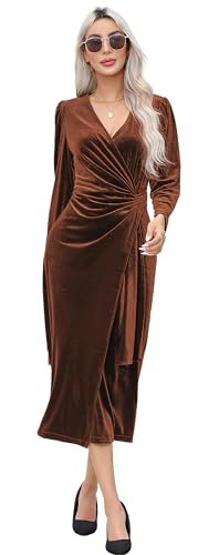 R.Vivimos Damen Herbst Winter Sexy V Ausschnitt Wickelkleid Langarm Samt Midi Kleid Cocktailkleid(L,Braun) von R.Vivimos