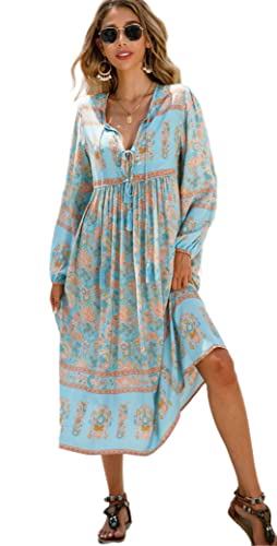 R.Vivimos Damen Beiläufig Bohemien Drucken Krawatte Langarm Strand Stil Lang Midi Urlaub Kleid(XLarge,Himmelblau#1) von R.Vivimos