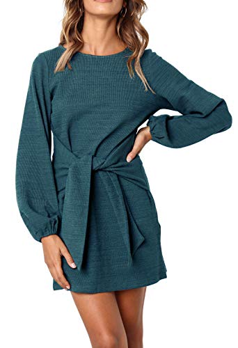 R.Vivimos Damen Herbst Winter Langarm Pullover Kurzes Kleid Baumwolle Gestrickte Krawatte Taille Bleistift Mini Kleid mit Gürtel(Large,Teal) von R.Vivimos