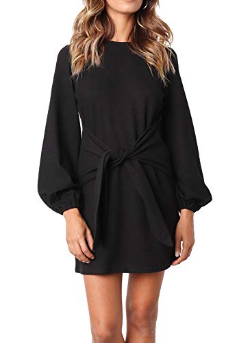 R.Vivimos Damen Herbst Winter Langarm Pullover Kurzes Kleid Baumwolle Gestrickte Krawatte Taille Bleistift Mini Kleid Mit Gürtel(XL,Schwarz) von R.Vivimos
