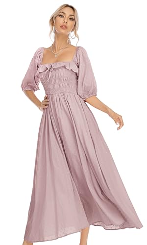 R.Vivimos Damen Polka Dot Slim Fit halbe Hülsenkleider Quadratischer Kragen Langes Midikleid(Small,Mauve) von R.Vivimos