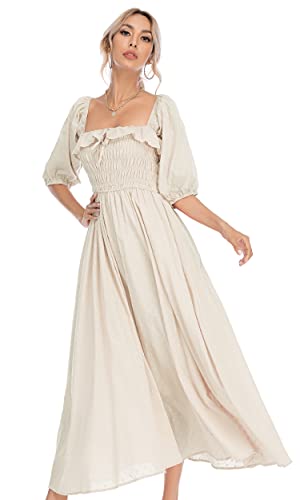 R.Vivimos Damen Polka Dot Slim Fit halbe Hülsenkleider Quadratischer Kragen Langes Midikleid (Beige, XL) von R.Vivimos