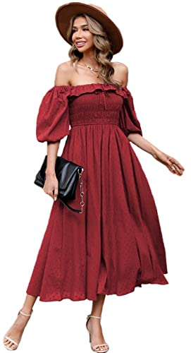 R.Vivimos Damen Polka Dot Slim Fit halbe Hülsenkleider Quadratischer Kragen Langes Midikleid (Medium,Burgund) von R.Vivimos