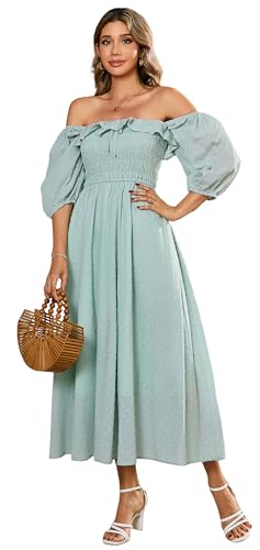 R.Vivimos Damen Polka Dot Slim Fit halbe Hülsenkleider Quadratischer Kragen Langes Midikleid (Small,Grün) von R.Vivimos